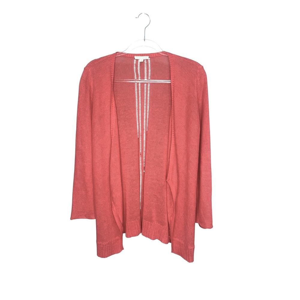 Eileen Fisher Open Front Cardigan 100% Linen Knit Size XS Coral Pink Layering